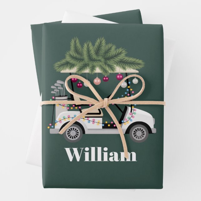 Custom Cart Name Golf Balls Christmas Golfer Wrapping Paper Sheets (In situ)