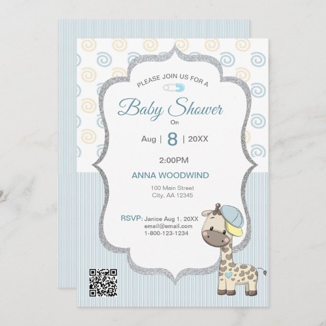 Custom Cartoon Baby Boy Giraffe Invitation (Front/Back)