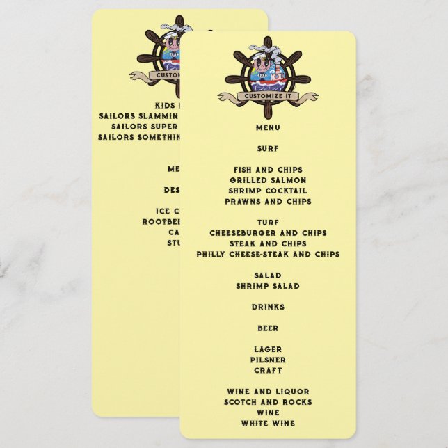 Custom Cartoon Sailor Nautical Ship Wheel  Menu (Front/Back)