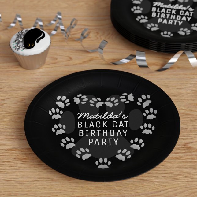 Custom Cat Birthday Party Paw Print Heart Black Paper Plates (Creator Uploaded)