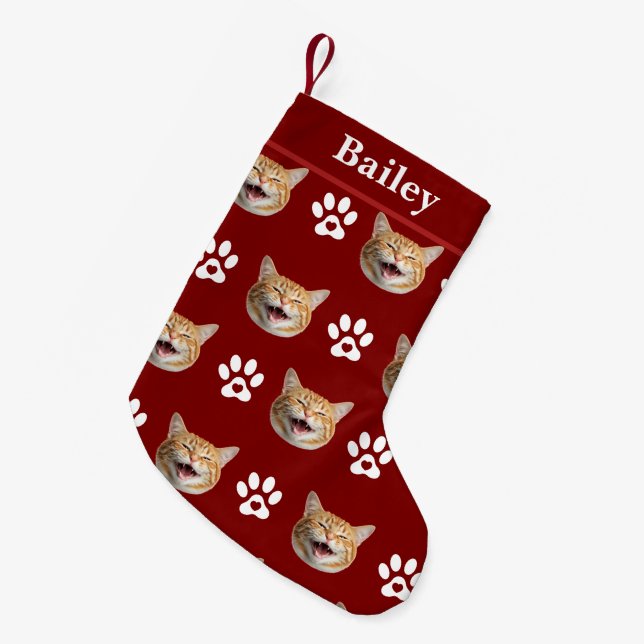 Custom Cat Face & Name Paw Print Small Christmas Stocking (Front (Hanging))