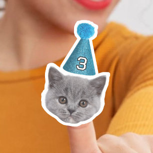 Custom Cat Face Photo With Age Party Hat Birthday Sticker