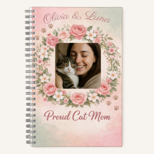 Custom Cat Mom with Photo & Name Floral Notebook