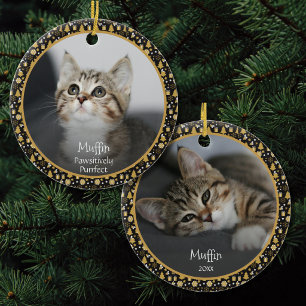 Custom Cat Name 2 Photo Black Gold Christmas  Ceramic Ornament