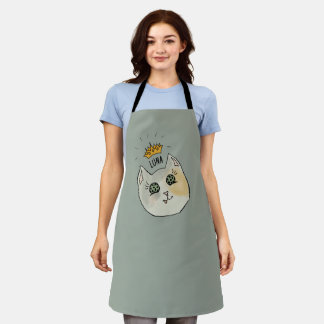 Custom Cat Name Art - Chubby White Cat with Crown Apron