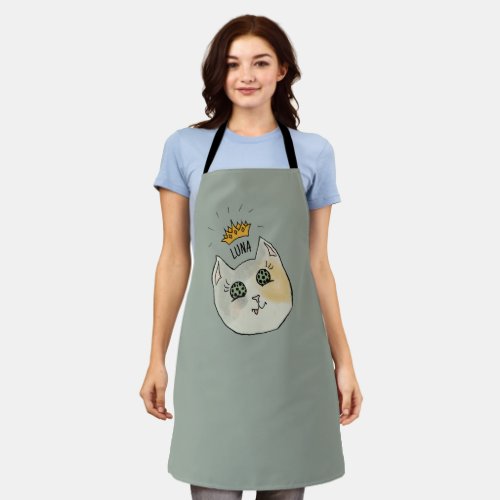 Custom Cat Name Art - Chubby White Cat with Crown Apron