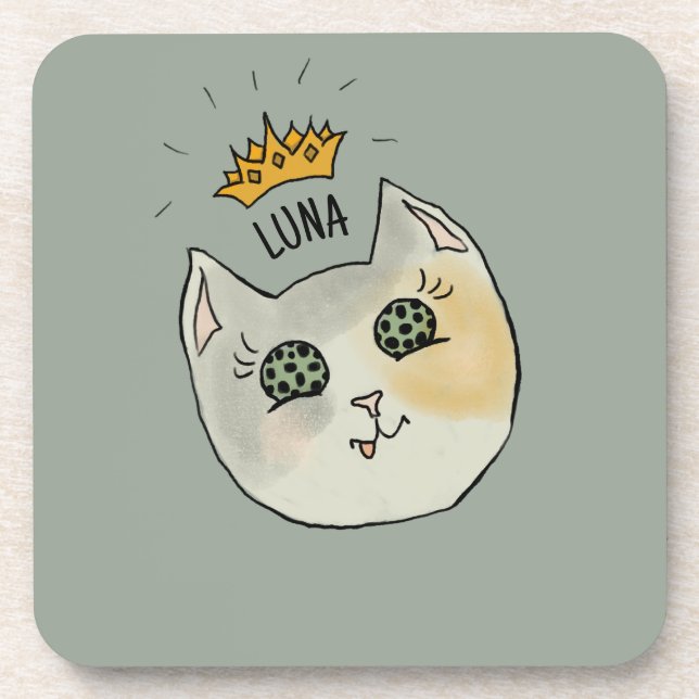 Custom Cat Name Art - Chubby White Cat with Crown Beverage Coaster (Front)