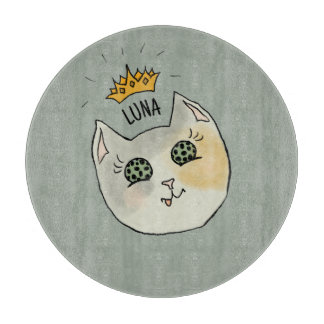 Custom Cat Name Art - Chubby White Cat with Crown Cutting Board