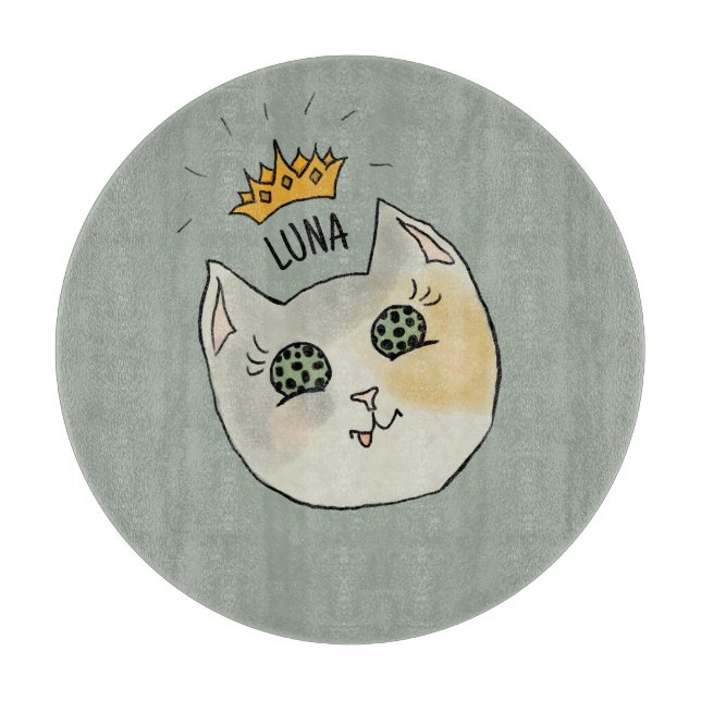 Custom Cat Name Art - Chubby White Cat with Crown Cutting Board (Front)