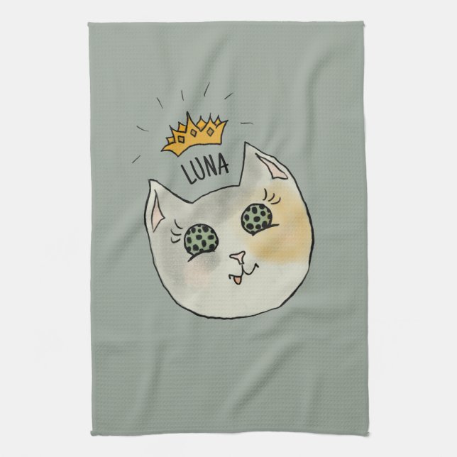 Custom Cat Name Art - Chubby White Cat with Crown Kitchen Towel (Vertical)