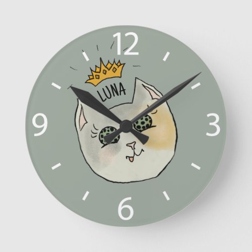 Custom Cat Name Art - Chubby White Cat with Crown Round Clock