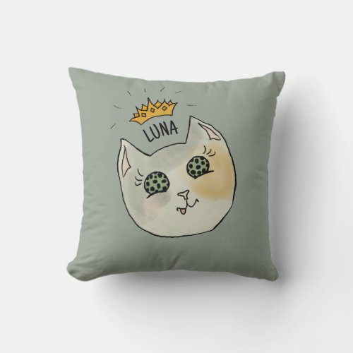 Custom Cat Name Art - Chubby White Cat with Crown Throw Pillow