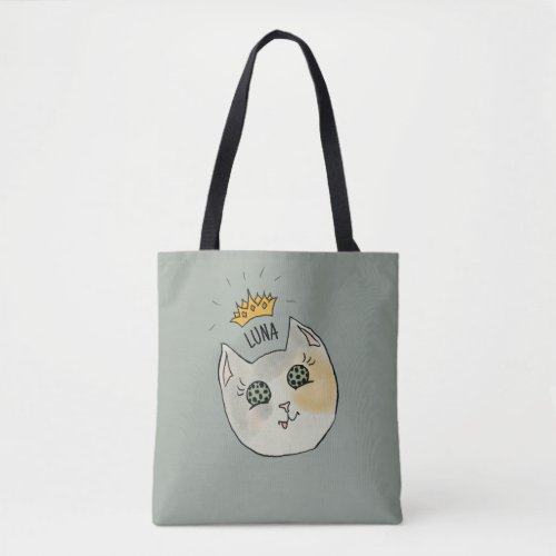 Custom Cat Name Art - Chubby White Cat with Crown Tote Bag