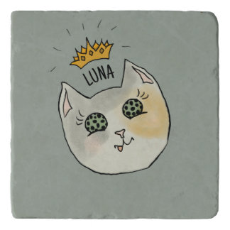 Custom Cat Name Art - Chubby White Cat with Crown Trivet