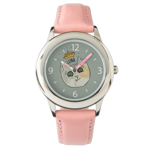 Custom Cat Name Art - Chubby White Cat with Crown Watch