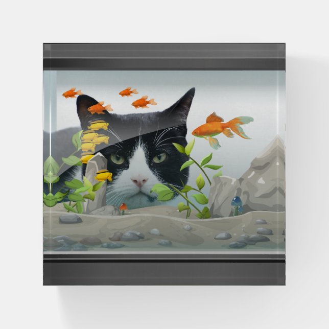 Custom Cat Peering in Fish Tank Paperweight (Front)