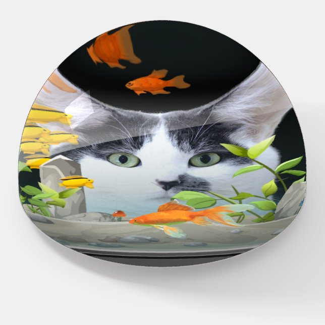 Custom Cat Peering in Fish Tank Photo Paperweight (Angled)