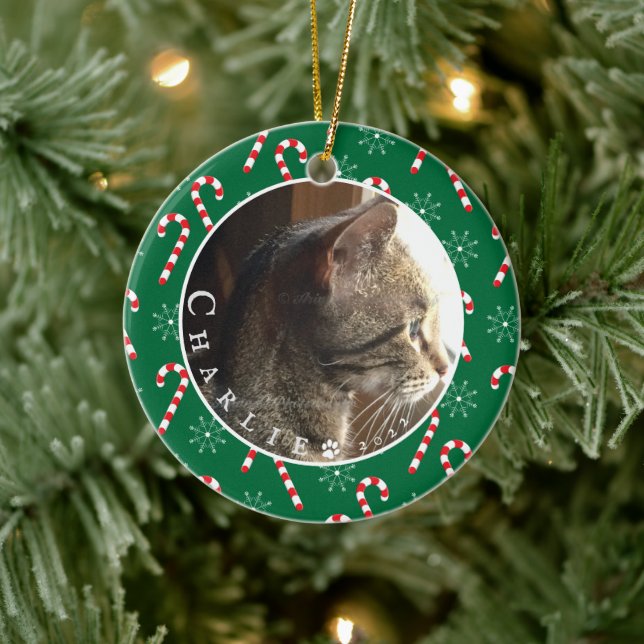 Custom Cat Photo Candy Canes Frame Green Ornament (Tree)