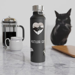 Custom Cat Photo Collage 5 Heart Frame Black Water Bottle