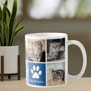Custom Cat Photo Collage Blue Paw Print Cute Coffee Mug