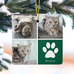 Custom Cat Photo Collage Cute Green Christmas Ceramic Ornament<br><div class="desc">This beautiful cat photo Christmas ornament is personalized with adorable pictures of your sweet girl kitty. Customize this chic gift with your own custom feline photographs around a cool green square with a cute white paw print and your kitten's name in the center. Add your favorite full photograph on the...</div>