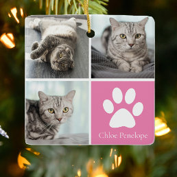 Custom Cat Photo Collage Pretty Pink Double Sided Ceramic Ornament