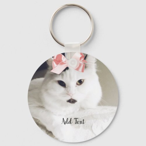 Custom Cat Photo Cute White Cat With Pink Bow Keychain