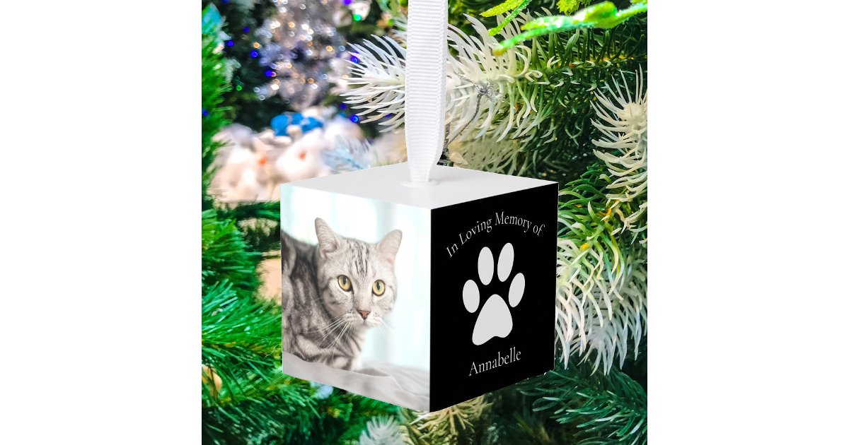 Custom Cat Photo Memorial Pet Christmas Cube Ornament | Zazzle