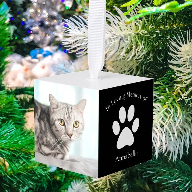 Custom Cat Photo Memorial Pet Christmas Cube Ornament (Creator Uploaded)
