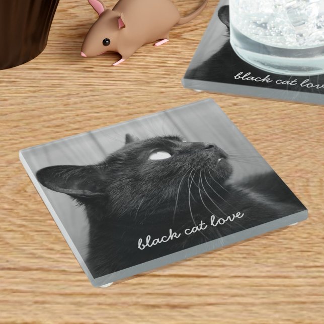 Custom Cat Photo Pet Memorial Glass Coaster (A purrfect coaster for you to upload your black cat's photo to and add their name)