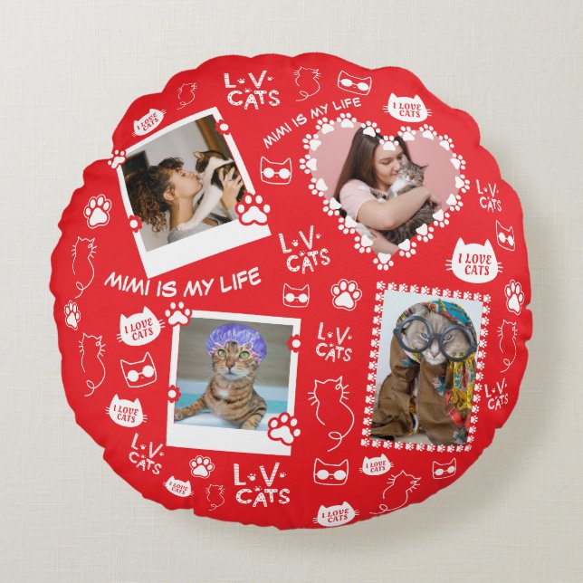 Custom Cat Pillow with Face Photos & Cat Name  (Front)