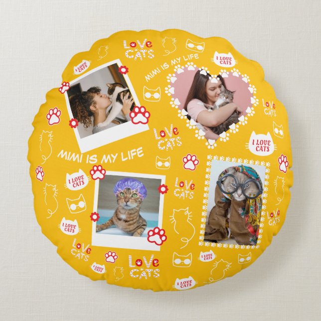 Custom Cat Pillow with Face Photos & Cat Name  (Front)