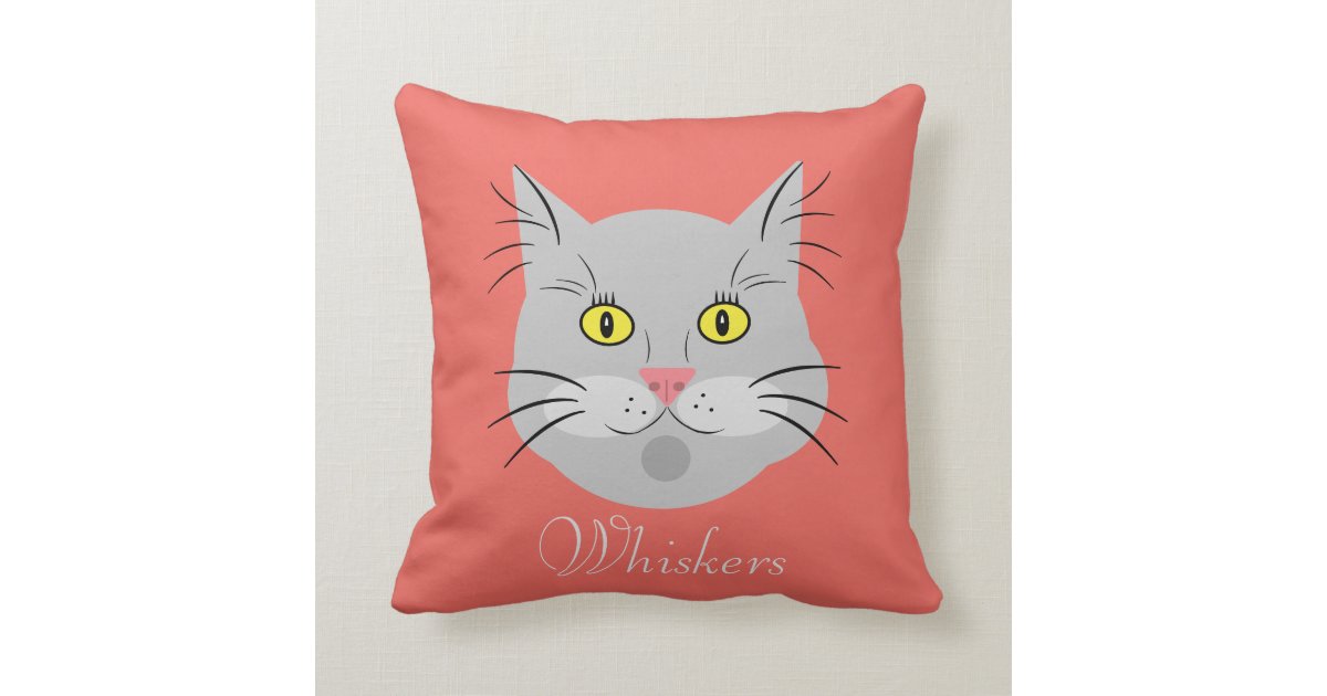 Custom Cat Whiskers Smiling Kitty On Coral Throw Pillow Zazzle Com