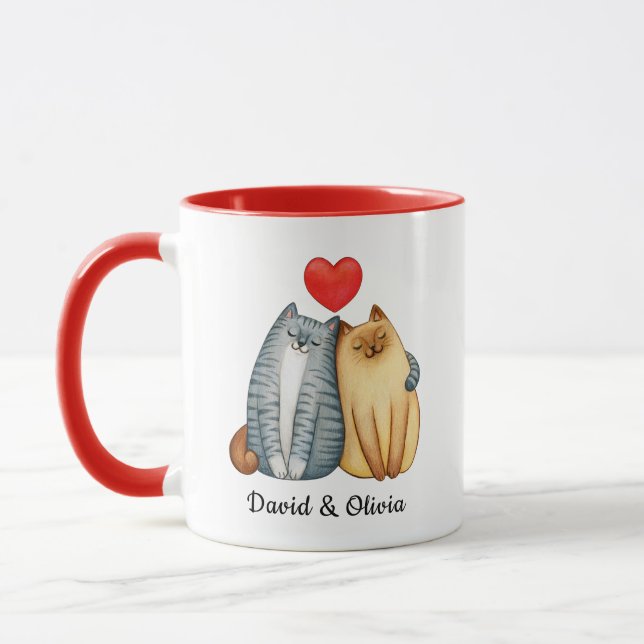 Custom Cats Couple Names Red Personalized Mug (Left)