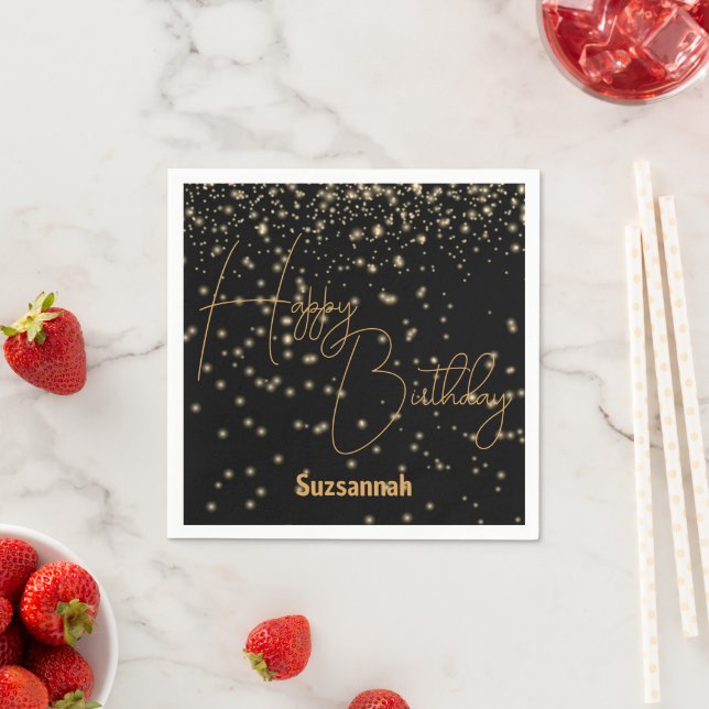 Custom Celebration Glowing Gold Confetti On Black  Napkins (Insitu)
