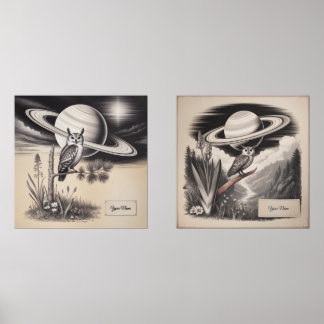 Custom Celestial Owl & Saturn Vintage Engraving Wa Wall Art Sets
