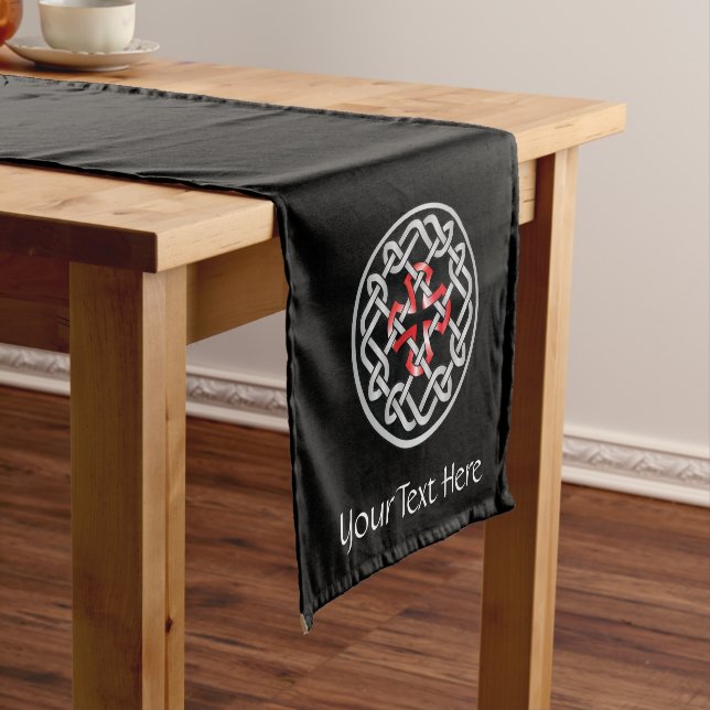 Custom Celtic Knot Red Metallic Short Table Runner (In Situ)