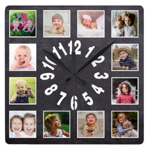 Custom Chalkboard 12 Family Photo Collage Square Wall Clock