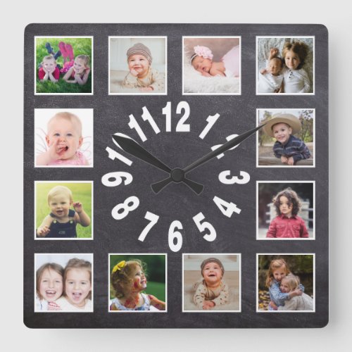 Custom Chalkboard 12 Family Photo Collage Square Wall Clock