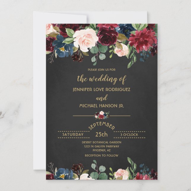 Custom Chalkboard Floral Burgundy Navy Wedding Invitation (Front)