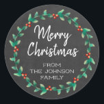 Custom Chalkboard Merry Christmas Holly Wreath Classic Round Sticker<br><div class="desc">Here's the perfect way to label your Christmas gifts for family and friends with this simple, elegant holiday sticker available in two sizes. The design includes a lovely, modern circular holly berry wreath with the words Merry Christmas inside the wreath together with your family name or any text you prefer....</div>