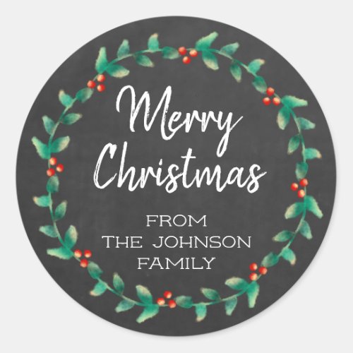 Custom Chalkboard Merry Christmas Holly Wreath Classic Round Sticker