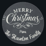 Custom Chalkboard Merry Christmas Wreath  Classic Round Sticker<br><div class="desc">Add a personal touch to your holiday greetings with this customizable 'Merry Christmas' chalkboard-style sticker. Featuring elegant script and classic chalkboard design, this sticker is perfect for sealing envelopes, gift packaging, or decorating holiday cards. The timeless black-and-white design gives it a vintage feel, making it ideal for those who love...</div>