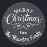 Custom Chalkboard Merry Christmas Wreath  Classic Round Sticker<br><div class="desc">Add a personal touch to your holiday greetings with this customizable 'Merry Christmas' chalkboard-style sticker. Featuring elegant script and classic chalkboard design, this sticker is perfect for sealing envelopes, gift packaging, or decorating holiday cards. The timeless black-and-white design gives it a vintage feel, making it ideal for those who love...</div>
