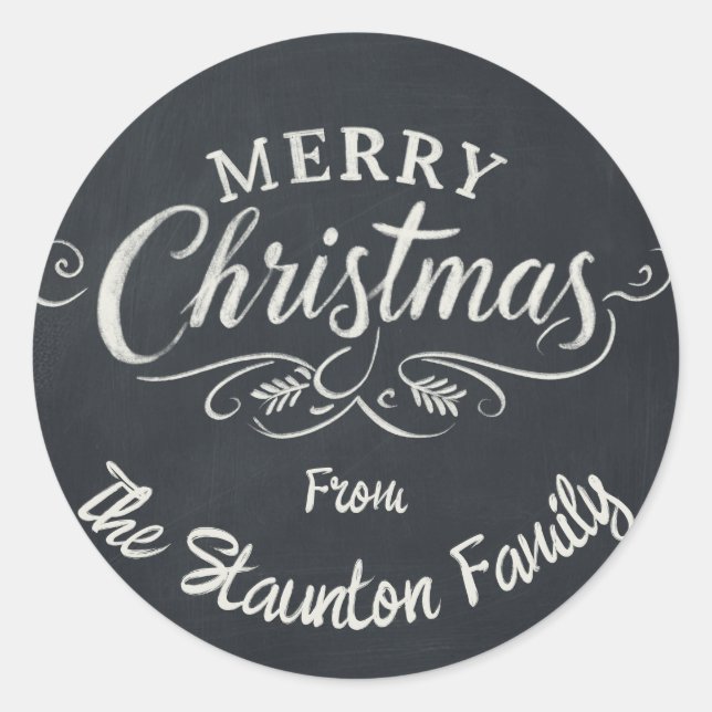 Custom Chalkboard Merry Christmas Wreath  Classic Round Sticker (Front)