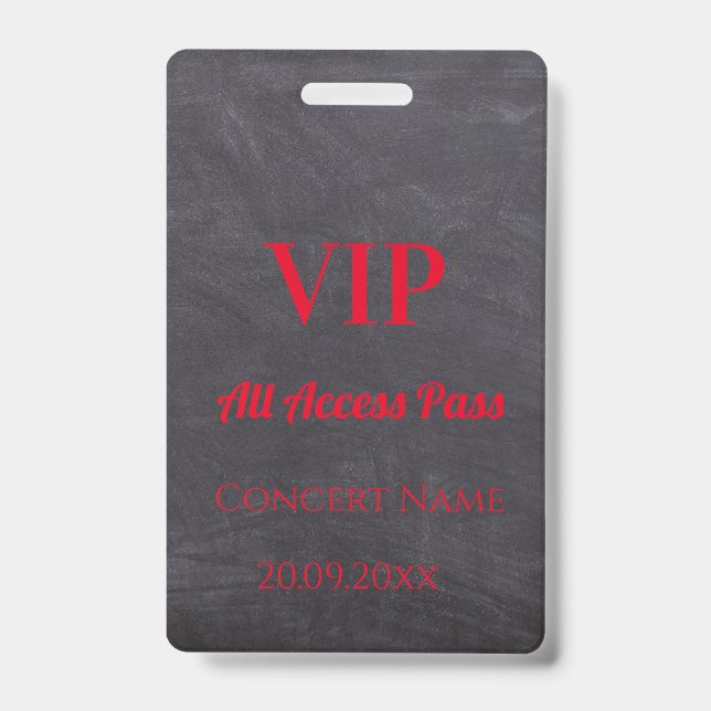 Custom Chalkboard Name Date VIP Access Pass Red Badge (Front)