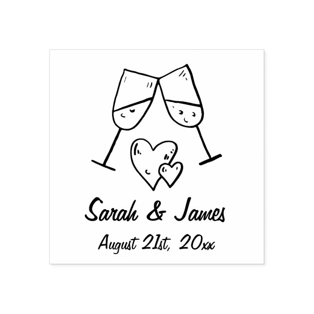 Custom Champagne Hearts Names and Wedding Date Rubber Stamp (Imprint)