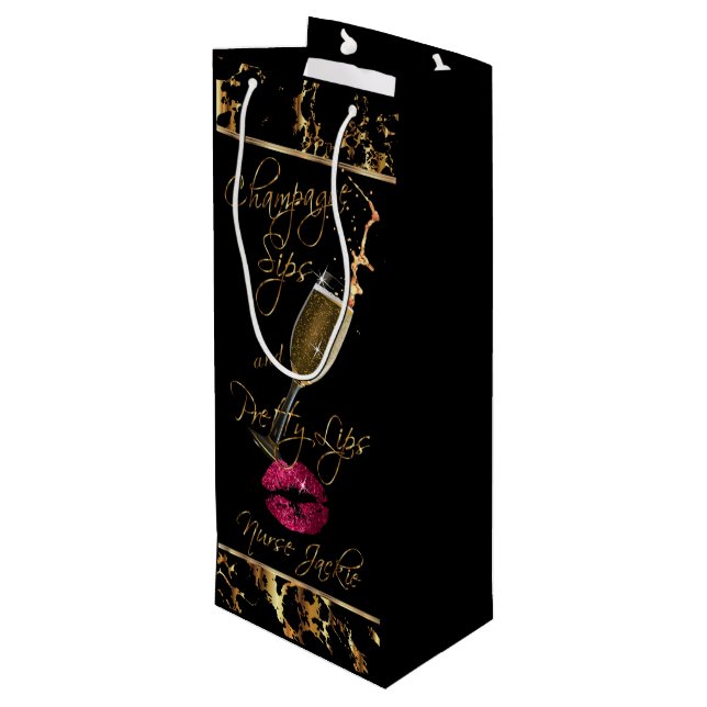 Custom - Champagne Sips and Pretty Lips  Wine Gift Bag (Back Angled)