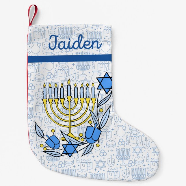 Custom Chanukkah Dreidel Candles Hanukkah Blue  Small Christmas Stocking (Front)