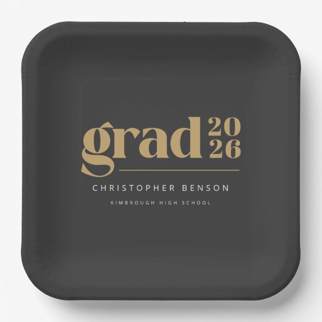 Custom Charcoal Gray Gold 2026 Graduation Paper Plates (Front)